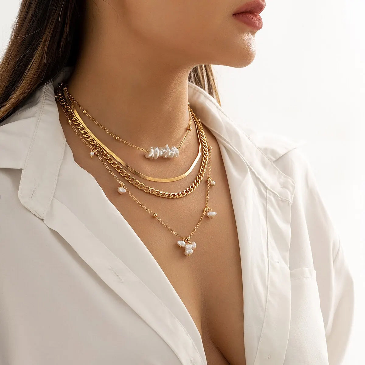 Layered Pearl and Gold Necklace Set