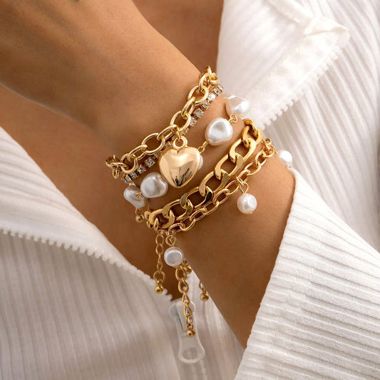 Heart and Pearl Charm Bracelet Set
