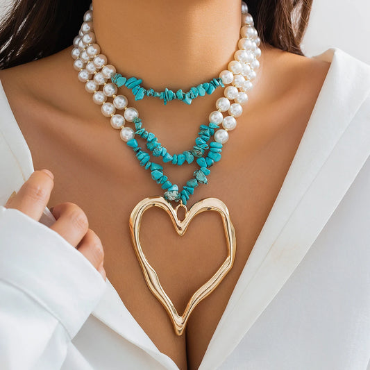 Turquoise Charm & Pearl Layered Necklace Set